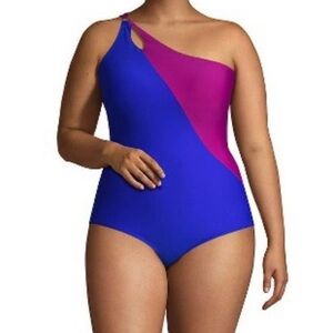 NWT Lands' End Tummy Control UPF 50 Asymmetrical One-Piece Swimsuit Blue Size 16